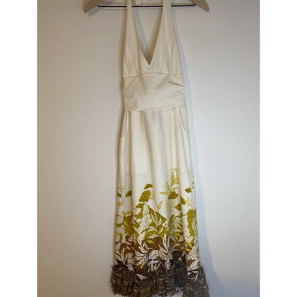 Le Shack Anthropologie Dresses & Skirts - Le Shack Anthropologie Halter Dress Ruffles Pockets Size 6  Ivory Mustard Floral